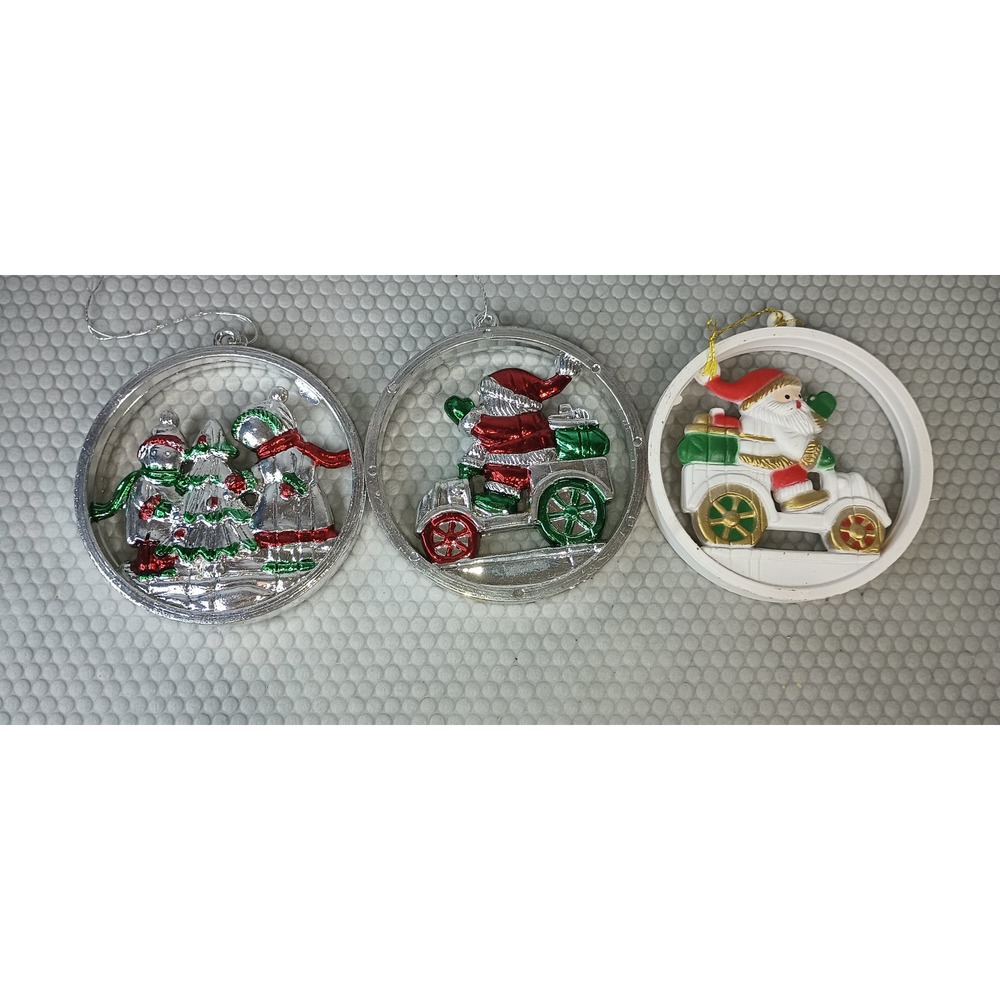Vintage Christmas Ornament Set of 3 Santa Snowman Silver White Plastic Medallion